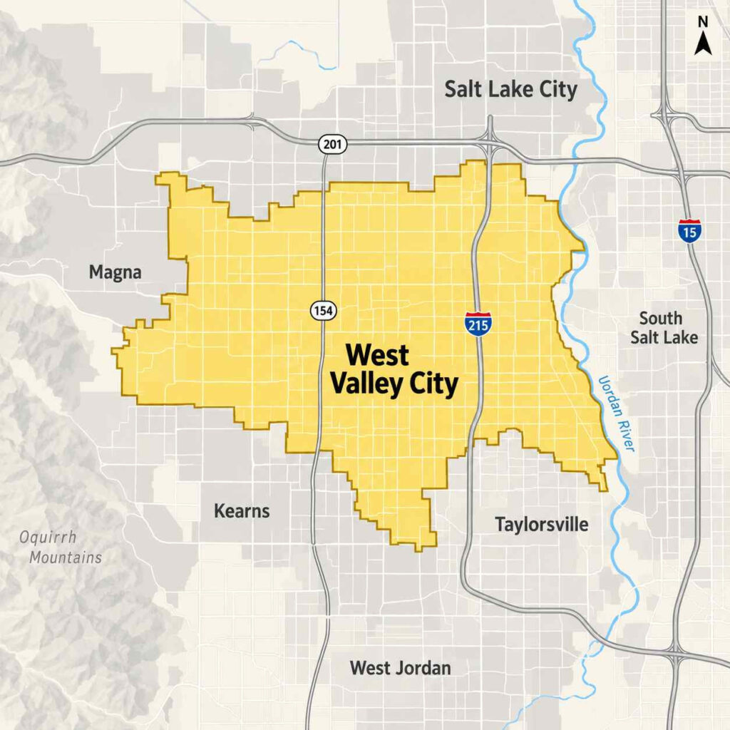 Map of west valley city, utah, highlighted in yellow along the jordan river at the base of the oquirrh mountains, just southwest of salt lake city with magna, kearns, and taylorsville nearby.