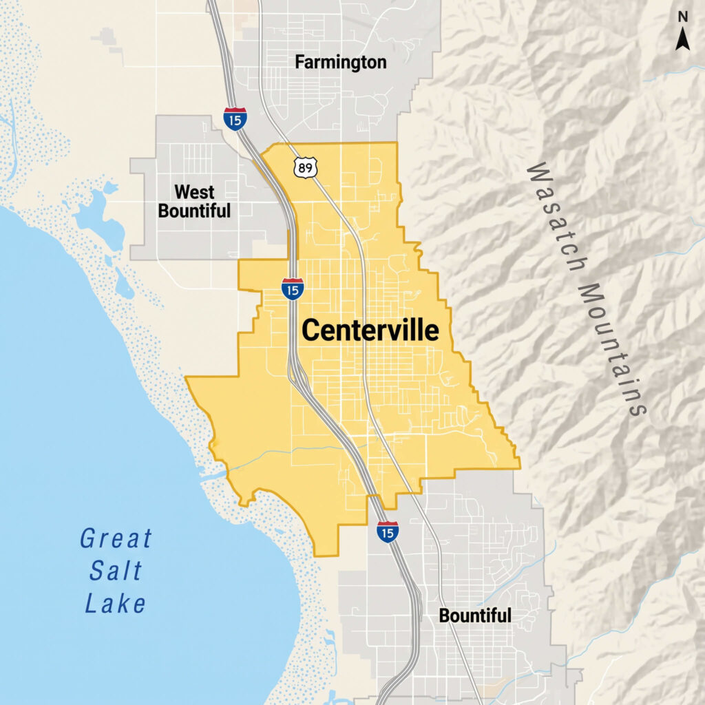 Map of centerville, utah, highlighted in yellow along the great salt lake shoreline at the base of the wasatch mountains, with interstate 15 and us-89 running through the city near bountiful, west bountiful, and farmington.